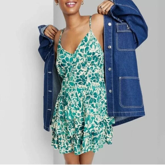 NWT Wild Fable Sleeveless Corset Tiered Fit & Flared Dress, Turquoise Floral - Picture 3 of 4